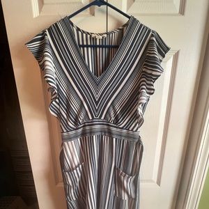 MONTEAU - Flutter Sleeve Striped Belted Dress with Pockets